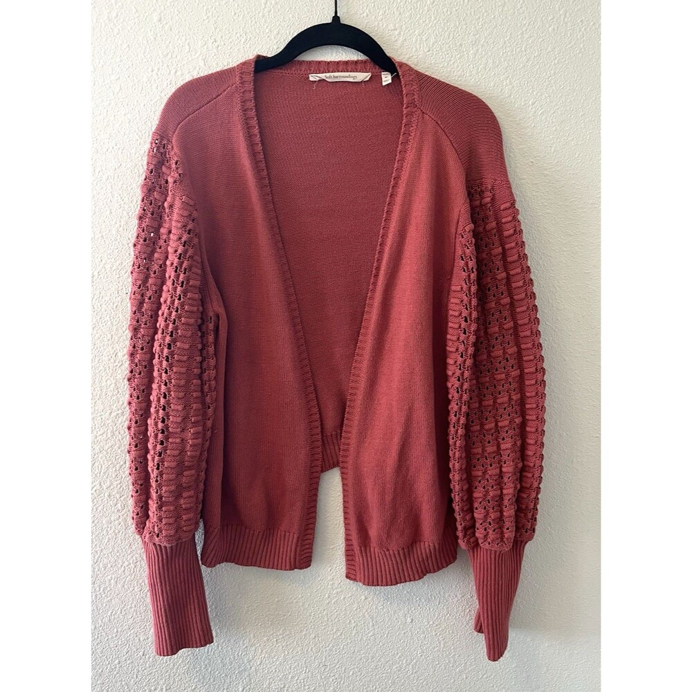 Soft Surroundings Womens Open Cardigan Med Hollyhock Bubble Sleeve Mauve Cottage